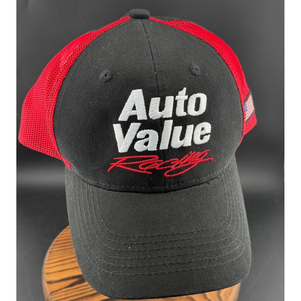 Auto Value Racing-Trucker Hat, Black Red Mesh, Adjustable American Flag Cap